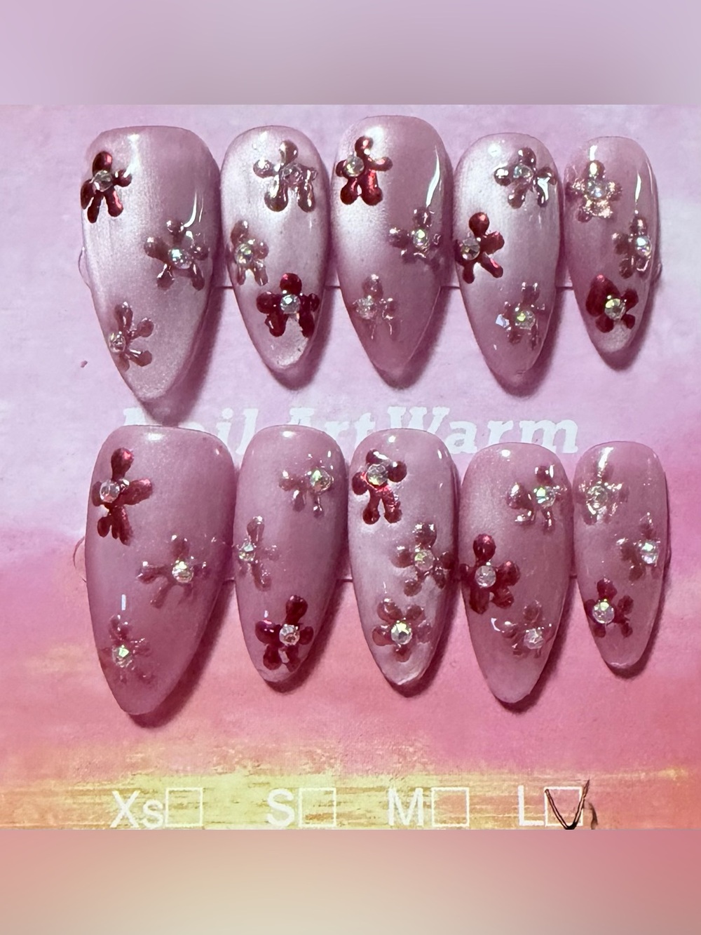 Press-On Almond Nails Set — Pink Floral Rhinestone Design